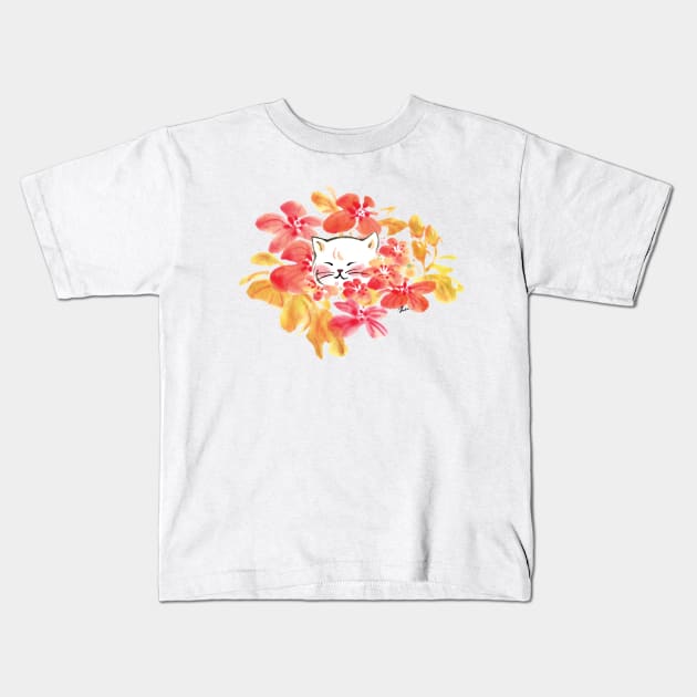 Cat in flowers Kids T-Shirt by juliewu